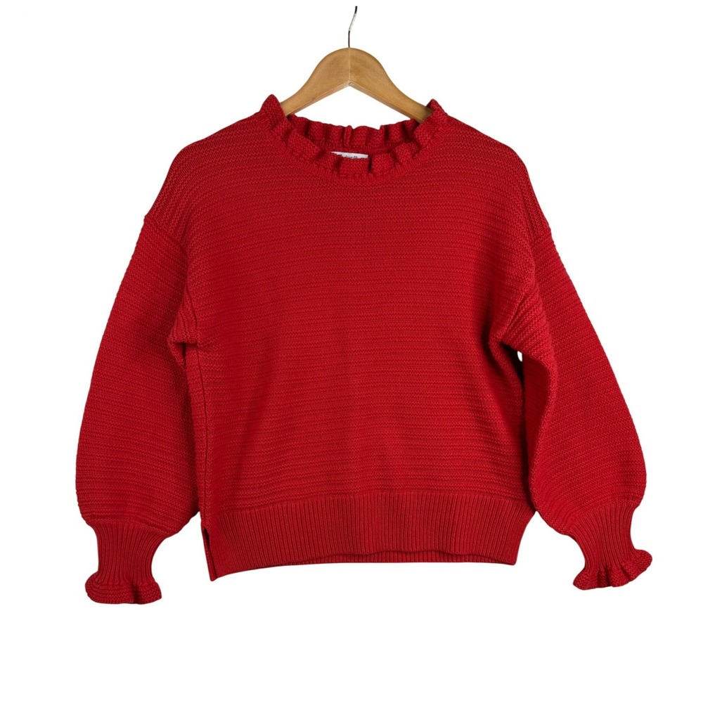 NWT Madewell Womens Ruffle Neck Pullover Sweater Merino Wool Size Medium Red
